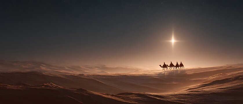 Three wise men on camels crossing desert dunes towards a bright star in the night sky