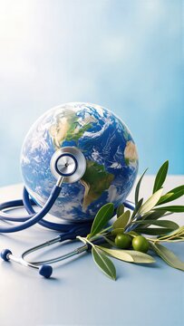 Stethoscope and olive branch resting on a globe. International Day Doctors of the World for Peace. Healthcare symbol for global wellness, medical diplomacy and international unity.