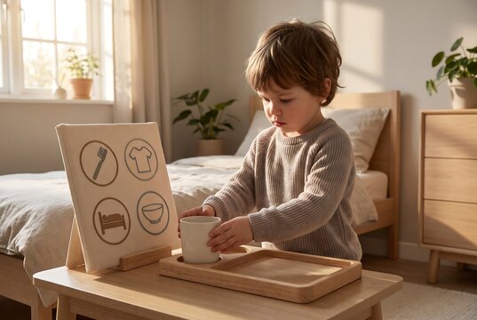 Child Using Visual Routine Cards For Independent Daily Learning
