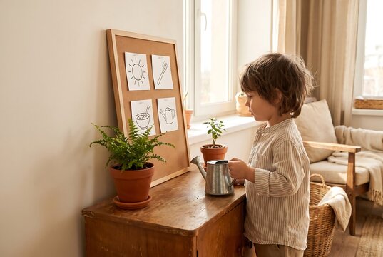 Child Practicing Plant Care With Visual Routine Activities