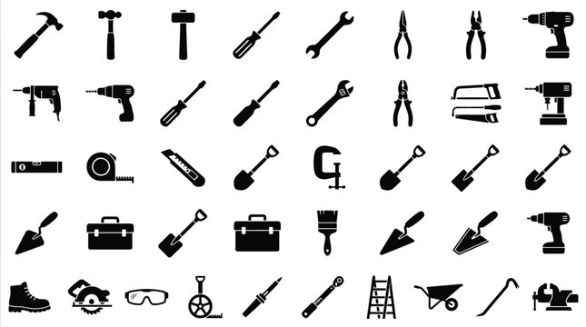 Collection of black hardware tool icons including hammers, screwdrivers, power drills, wrenches, saws, and shovels on a white background for construction and home repair.