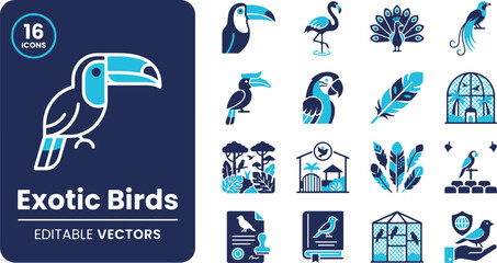 Naklejka premium Set of Vector Icons Featuring Tropical Exotic Birds and Avian Wildlife Elements in a Modern Duotone Style.