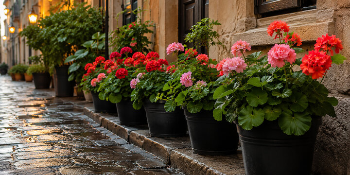 Charming Wet Historic City Street Decorated with Potted Flowers