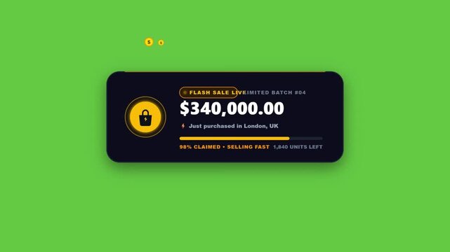 Flash sale limited batch e-commerce revenue notification hud loop for online shopping and marketing dynamic e-commerce banner displaying currency amount, sales progress, and customer purchase location
