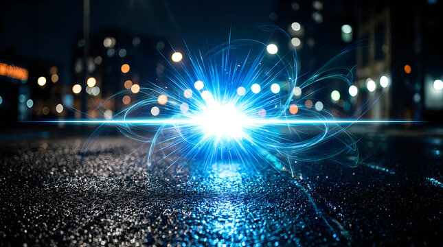 Car headlight shining on wet night street with city lights