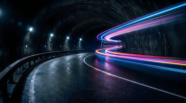 Colorful light trails of fast car on dark urban tunnel at night