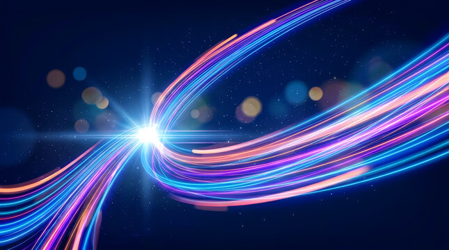 Colorful light rays bursting from bright center in dark space