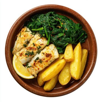 menu with baked cod potato wedges and steamed isolated on a white background