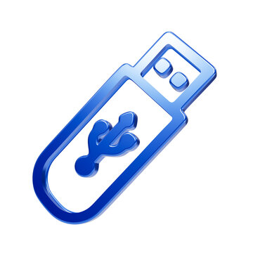 A glossy blue 3d of a usb flash drive, featuring a rectangular body and a metallic connector head against a black background