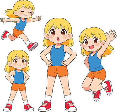 Cartoon anime girl character in sports clothes doing various poses
