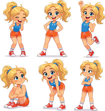 Cartoon girl character in active sportswear set with diverse poses