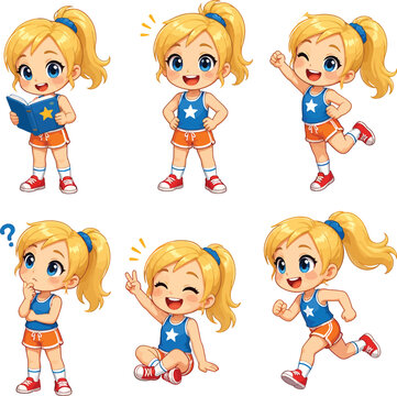 Cartoon girl character in sportswear doing various activities and poses