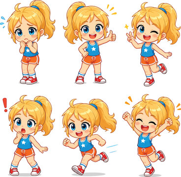 Cartoon set of a blonde girl in sports clothes with various emotions