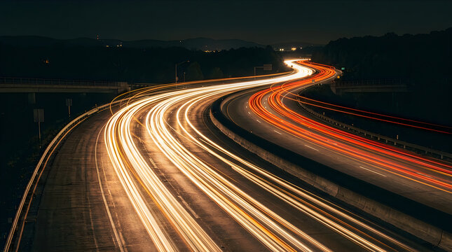 Night traffic light trails on curved highway with city glow