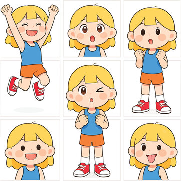 Cheerful cartoon girl vector set showing various happy emotions and active poses