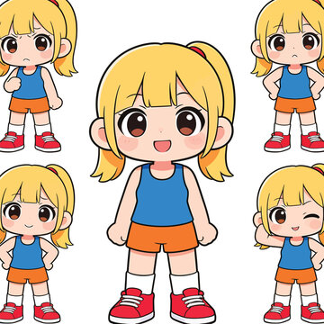Cute blonde anime girl character set with various facial expressions