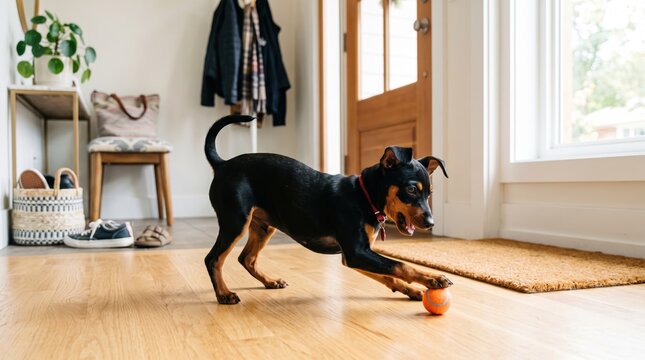 Small black puppy playing with an orange ball on the floor in a cozy bright house hallway