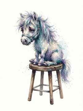 Fantasy unicorn horse sitting on a wooden stool looking very cute and