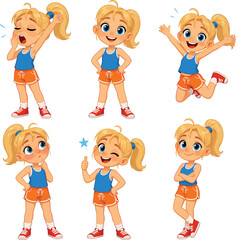 Cute blonde cartoon girl shows diverse emotions happy sleepy thinking jumping.