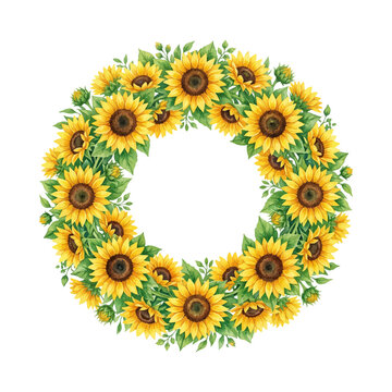 Watercolor sunflower wreath circle border on white background