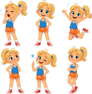 Cute blonde cartoon girl shows diverse emotions happy sleepy thinking jumping.