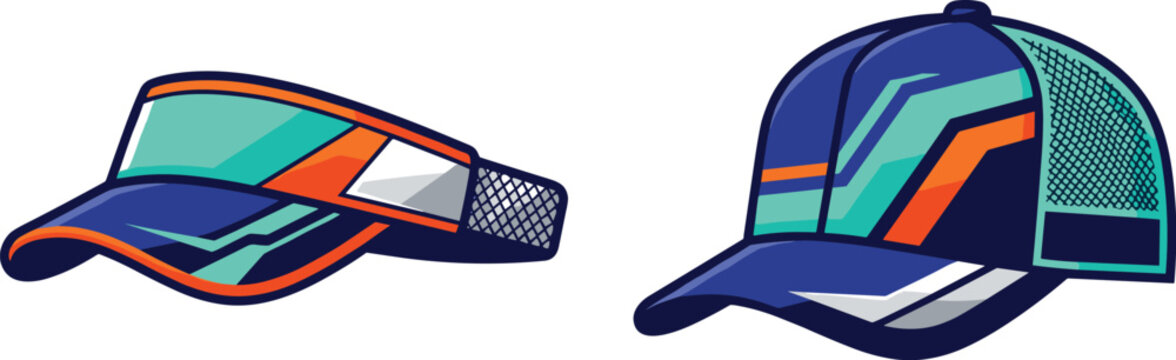 Sport visor and mesh baseball cap vector illustration set