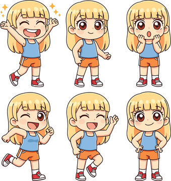 Cute blonde girl anime chibi character set with six poses and expressions. Young female in sports outfit cheering running and waving for design.