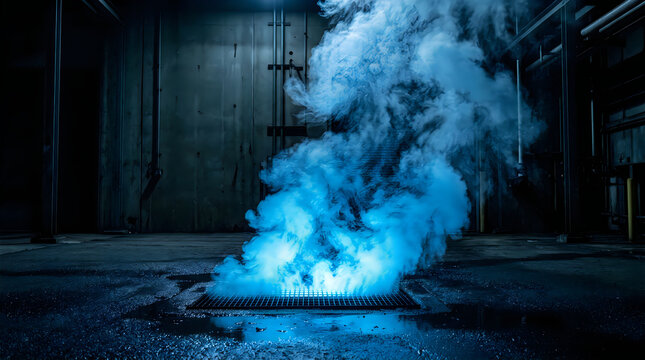 Blue gas fire flame burning in dark industrial setting