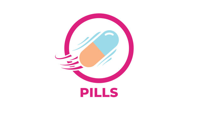 Speeding capsule pill icon in a pink circle with fast motion lines and the word pills below on white background.