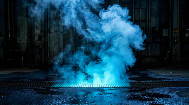 Blue smoke explosion with bright sparks in dark night