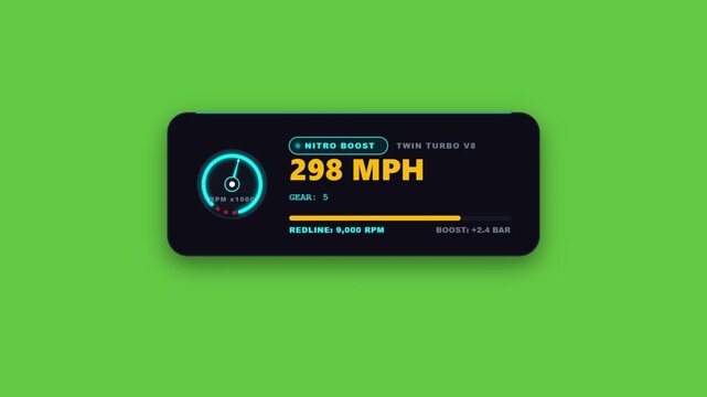 Automotive nitro boost speedometer hud animation for racing games and car videos dynamic vehicle featuring a gauge, status, and gear indicator for entertainment and video editing