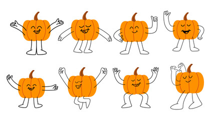 Fototapeta premium Vector illustration clip art set of cute cartoon pumpkin mascot characters with arms and legs isolated on white background. for Halloween, autumn party decor, stickers, and graphic design.