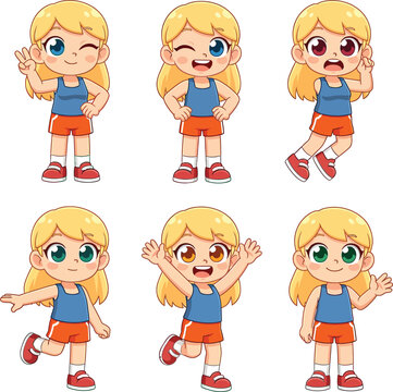 Cute Cartoon Blonde Girl Character Poses Set with Different Emotions and Expressions in Sportswear Vector Illustration