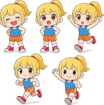 Cute blonde sports girl character set running cheering poses for kids fitness and health isolated on white
