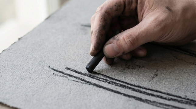 Close up of artist hand drawing bold lines with charcoal on textured paper perfect for representing creative artistic expression and visual arts