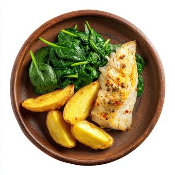 menu with baked cod potato wedges and steamed isolated on a white background