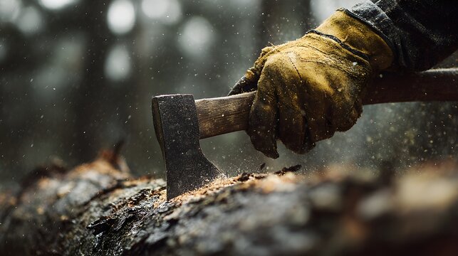 Chopping wood with axe closeup