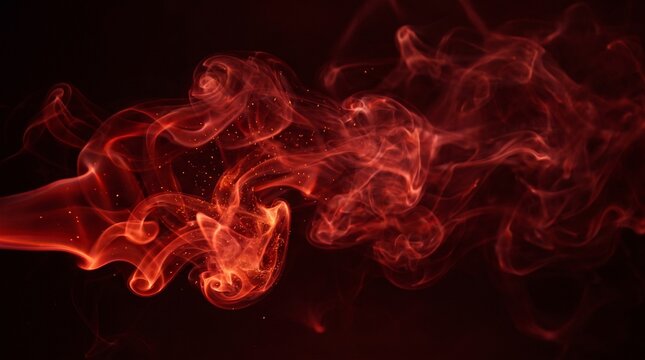 Wisps of fiery red smoke curl and dance against a dark background, creating an abstract and dynamic visual