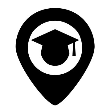 university location pin with mortarboard, graduation hat icon isolated on white, college logo concept, education, campus, school, academic, faculty