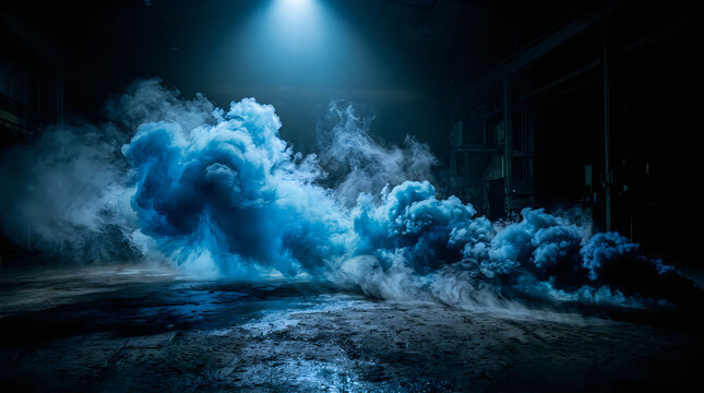 Bright blue explosion with smoke and light rays in dark space