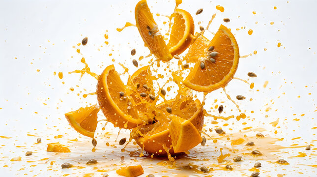 Orange fruit explosion high speed photography of splashing citrus segments