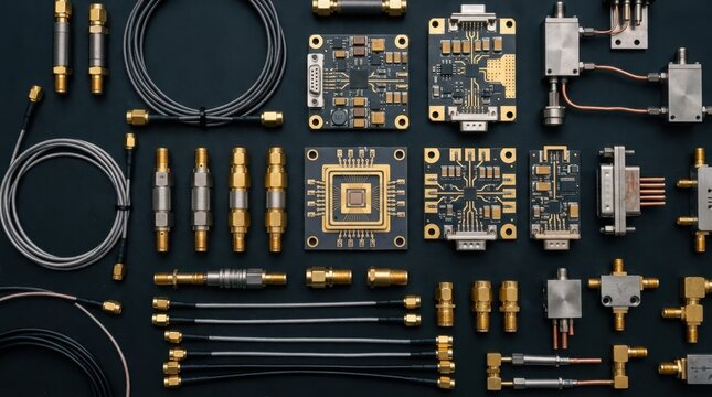 Quantum control hardware with RF attenuators, coax cables, microwave connectors, superconducting chip package, and cryogenic components
