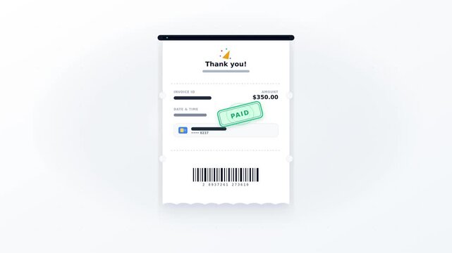 Digital thermal invoice receipt printing downwards with serrated edge and green paid stamp