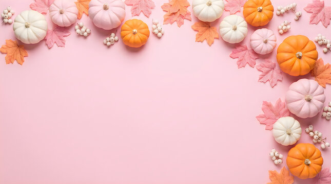 Autumnal flatlay with pumpkins and maple leaves on pastel pink background
