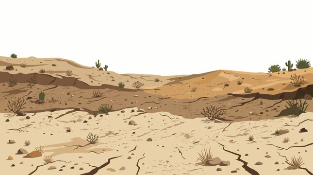 Dry Desert Landscape Vector Background with Cracked Soil and Cactus Isolated on White