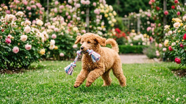 goldendoodle puppy playing with a rope toy in a beautiful blooming flower garden