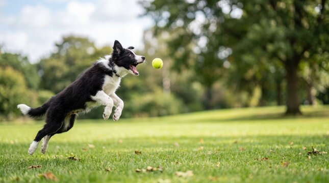 black and white border collie dog jumping to catch a yellow ball in a green park