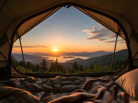 Scenic Sunset Mountain View from Inside a Cozy Camping Tent