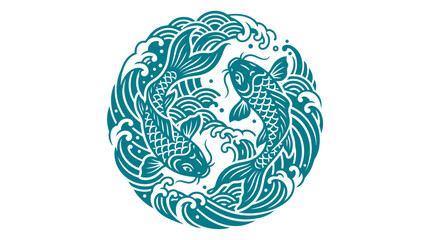Obraz premium Teal koi fish create a circular emblem surrounded by stylized ocean waves in an oriental vector design.