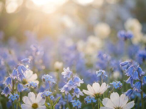 Beautiful garden scene with soft blue and white flowers blooming in the warm golden hour sunlight